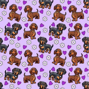 K&ouml;nnte beinhalten: Ein nahtloses Muster mit Cartoon-Dackelhunden in Braun und Schwarz mit violetten Herzen und wei&szlig;en Blumen auf einem hellvioletten Hintergrund.