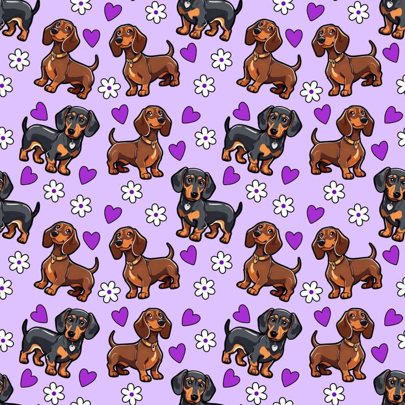 K&ouml;nnte beinhalten: Ein nahtloses Muster mit Cartoon-Dackelhunden in Braun und Schwarz mit violetten Herzen und wei&szlig;en Blumen auf einem hellvioletten Hintergrund.