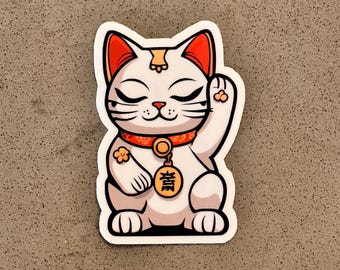 Handmade Lucky Cat Sticker: Waterproof Die Cut Decal