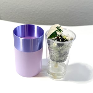 Może przedstawiać: Jasnofioletowa i lawendowa doniczka obok przezroczystej, samonawadniającej doniczki z tworzywa sztucznego. Doniczka zawiera małe kamienie, wodę i zielono-biały liść. Doniczka jest cylindryczna.