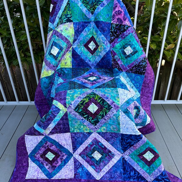 Batik Lap Quilt* Purple and Blue Batik  Lap Quilt* Square in Square Batik Lap Quilt*