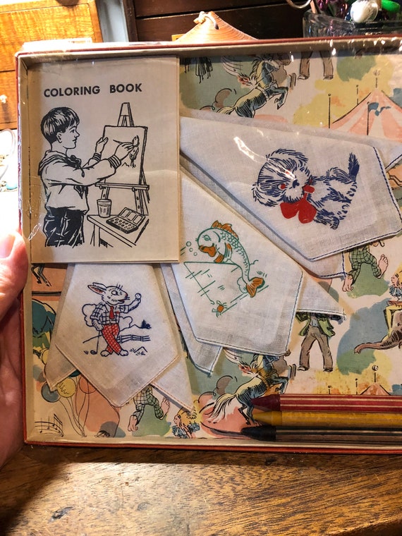Orig Box 60s children handkerchiefs with animals embroidered French weekdays