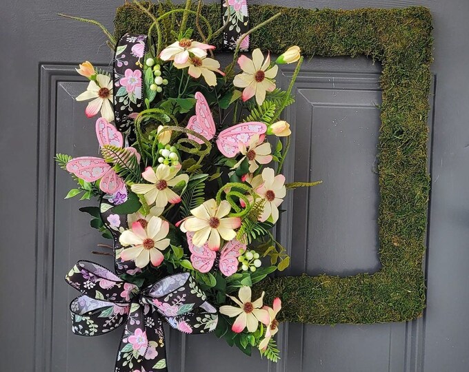 Featured listing image: Spring wreath, moss frame wreath, butterfly wreath, Realtor gift, Mothers Day gift,  Front Door Wreath, gift for her, wreath for front door