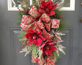 Red Magnolia Christmas wreath for front door, Elegant holiday Swag, Red and gold decor, Glamour Gift for her, Housewarming present