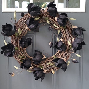 Halloween Fall wreath, wreath for front door, Black Magnolia wreath, Elegant Halloween wreath, door hanger, wall decor, housewarming gift