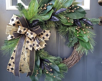 Magnolia and Pine Christmas wreath, Black and gold New Years decoration,  Elegant bling wreath, pine door hanger, Winter holiday gift