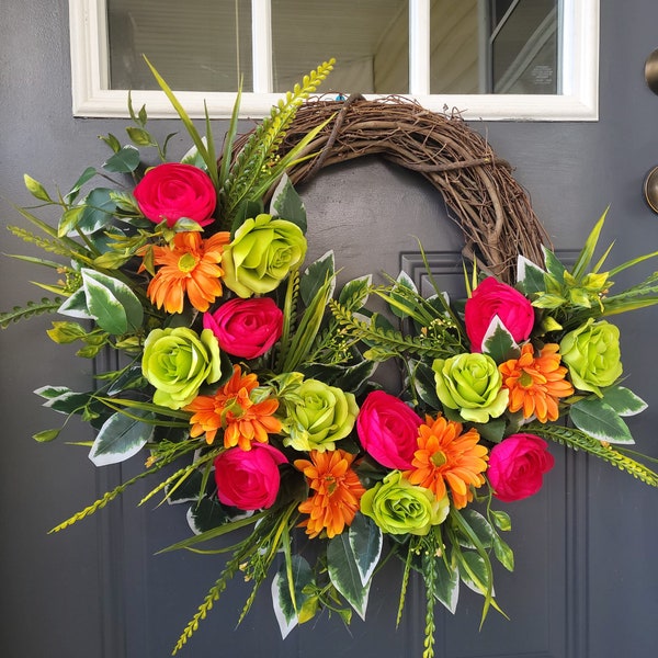 Vibrant hot pink and lime green Spring door wreath,  Bright Summer home decor, Perfect Mother's Day gift or Housewarming present