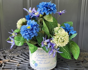 Spring Flower Arrangement for Mom.  Blue and purple florals in a ceramic container with poem  Perfect give for Mother's Day or birthday!