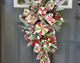 Sweet Candy Christmas wreath, Holiday swag for front door, Red and Green Peppermint decor, Gift for her, grandparents, new homeowner