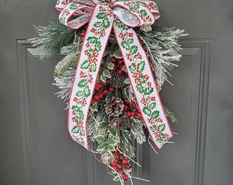 Frosted pine Holly wreath for front door, Christmas winter swag, Farmhouse country holiday decor, Gift for Mom, Coworker, New homeowner