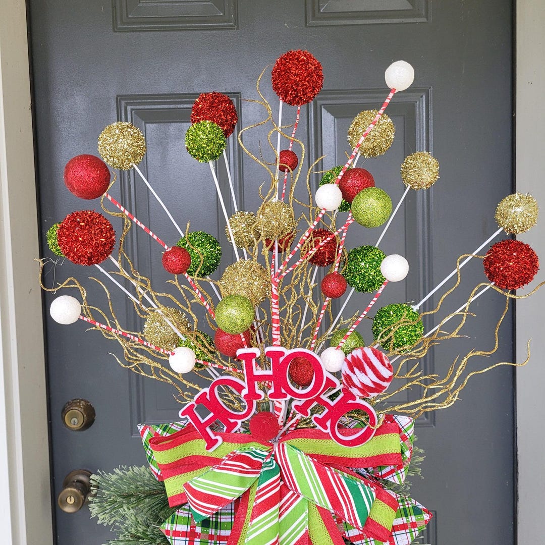 Whimsical Christmas Tree Topper, Red, Green, Gold Glitter With Bow ...