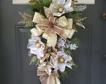 Elegant Rose Gold Magnolia Christmas wreath for front door, Metallic Holiday Swag decor, Winter glamorous door hanger, Gift for her