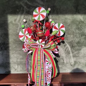 Candy Christmas Tree Topper, bow with streamers, Peppermints, lollipops, glitter stems, red, green and white