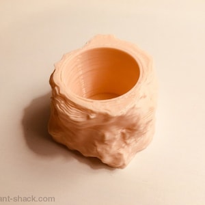 Puede incluir: Una pequeña maceta de color rosa claro impresa en 3D con una superficie rugosa y texturizada. La maceta tiene una abertura redonda en la parte superior.