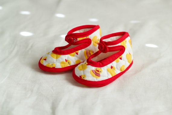 Baby Shoes 6-9 Months - Yellow Duck Print with Red Trim