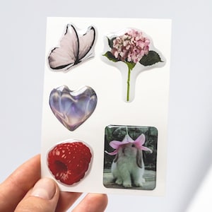 Lámina de pegatinas 3D de epoxi hinchable con estética femenina para portátil y teléfono. Bonitas y modernas vibraciones de Pinterest: conejito, flor, corazón, frambuesa y mariposa.