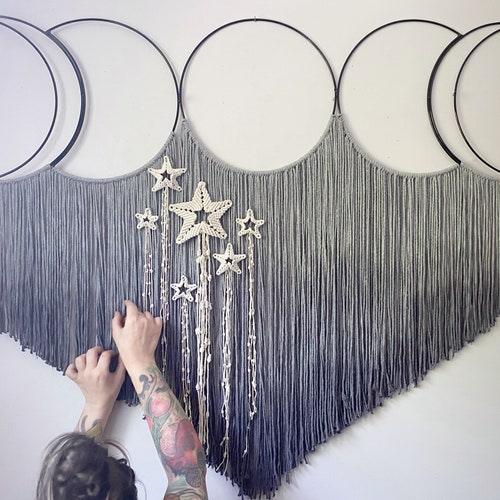 Moon Phases and Falling Stars Macrame Wall Hanging/Lunar Eclipse/Macrame Moon/Copper Moon Frame/Celestial Decor/Shooting Stars/ Nursery Art