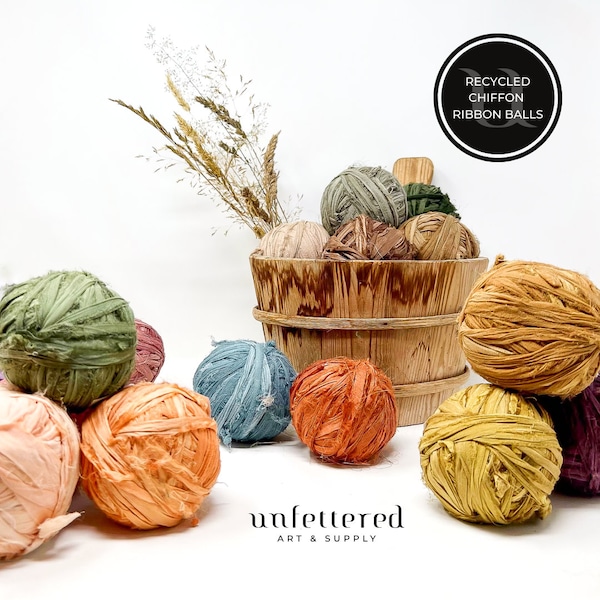 Recycled Silk Chiffon Ribbon Balls / Raw Edge Ribbon / Recycled Silk Chiffon / Artisan Ribbon / Weaving / Art Yarn / Gift Wrapping / Bouquet