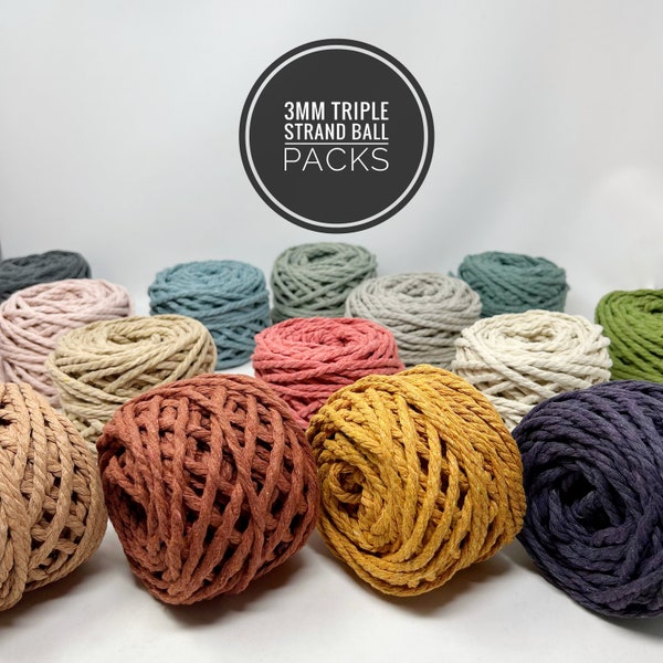 3mm Triple Strand Macrame Cord /6- or 10-pack choose your own colours/Triple Ply Coloured Macrame Cord/Soft Cotton Rope/100% Recycled Cotton