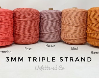 3mm Triple Strand Macrame Rope/ 1000 ft Coloured Macrame Cord/Soft Cotton Rope/100% Recycled Cotton/Free Shipping/DIY Macrame/Weaving