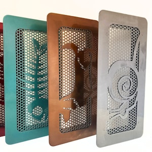 May include: Four metal wall decor panels with different designs. The panels are rectangular and have a mesh pattern. The designs are a fish bone, a bird, a snail, and a leaf. The panels are in different colors: teal, copper, silver, and red.