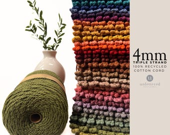 4mm Macrame Cord: Soft Recycled Cotton, Triple Strand Twisted Rope