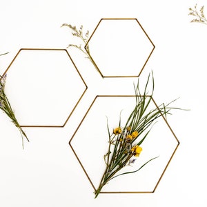 May include: Three gold hexagonal frames on a white background with dried flowers and greenery inside. The frames are different sizes and are arranged in a staggered pattern.