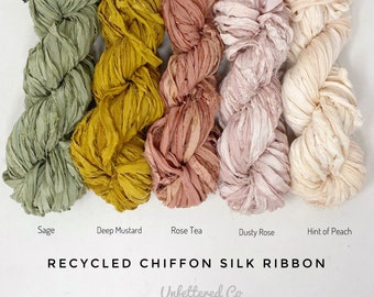 Chiffon Silk Ribbon / Raw Edge Ribbon / Recycled Silk Chiffon/ Artisan Ribbon /Weaving / Art Yarn  Supplies / Gift Wrapping