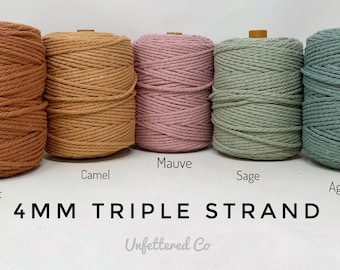 4mm Macrame Cord/3 Ply Coloured Macrame Cord/Triple Strand Twisted Soft Cotton Rope/100% Recycled Cotton/Free Shipping/DIY Macrame/Weaving