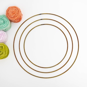 May include: Three gold metal hoops of different sizes, arranged in a concentric circle pattern. Five rolls of colorful tissue paper in shades of yellow, green, pink, and orange are arranged to the left of the hoops.