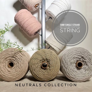 5mm Recycled Cotton Macrame String – Soft Single Strand Cord for Wall Hangings, Plant Hangers, Weaving – Neutral Natural Colors