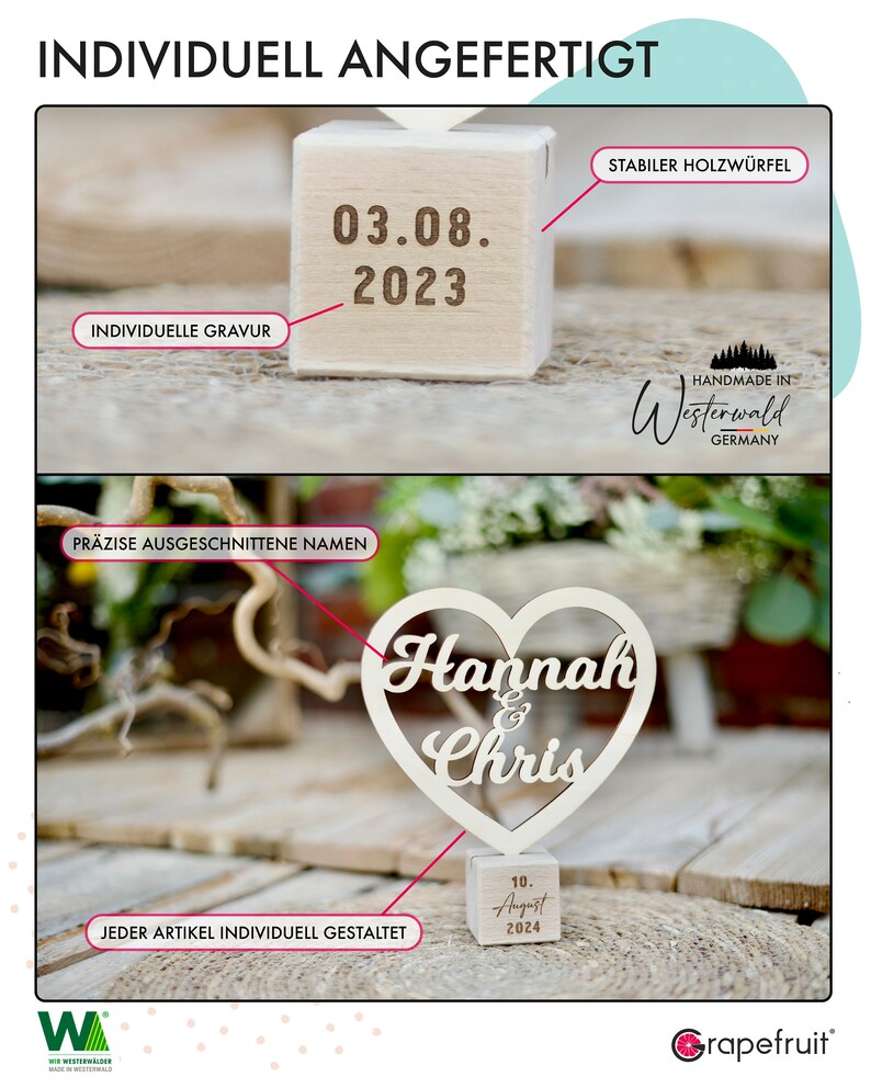 Individual wedding gift: wooden heart with name and date image 2