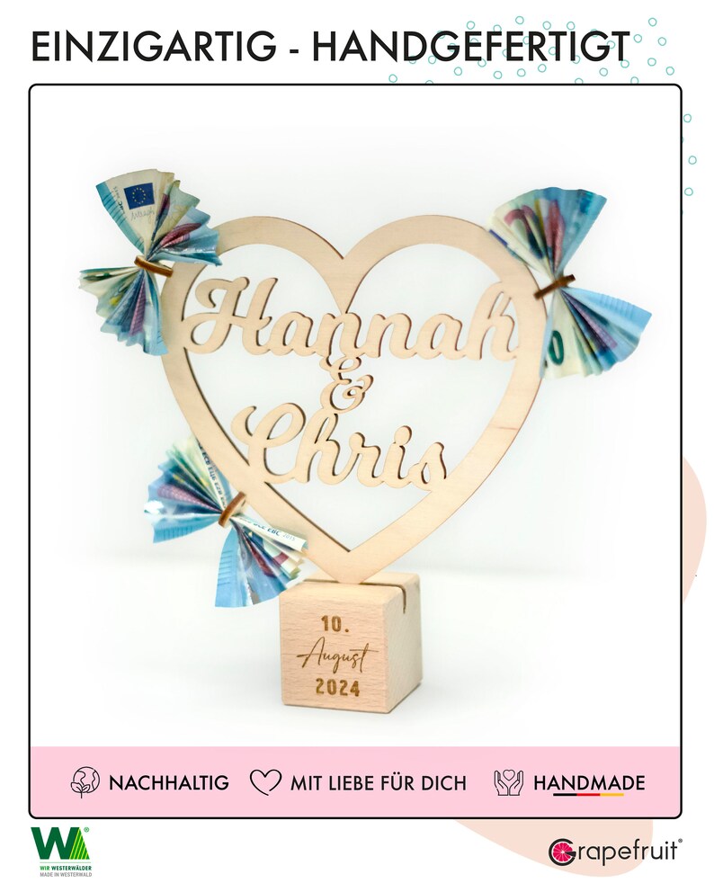 Individual wedding gift: wooden heart with name and date image 4