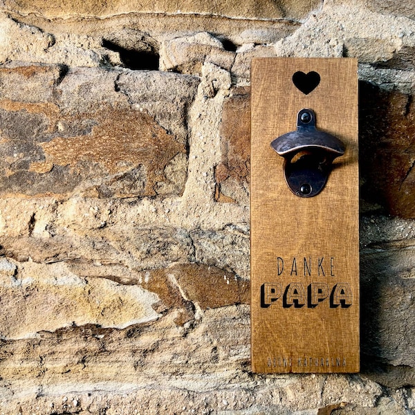 Personalisierter Wand-Flaschenöffner "Danke Papa" zum Vatertag aus Holz mit Supermagnet