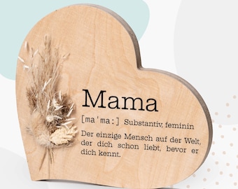 Grapefruit® Geschenk-Herz aus Holz zum Muttertag – Definition Mama – mit Trockenblumen