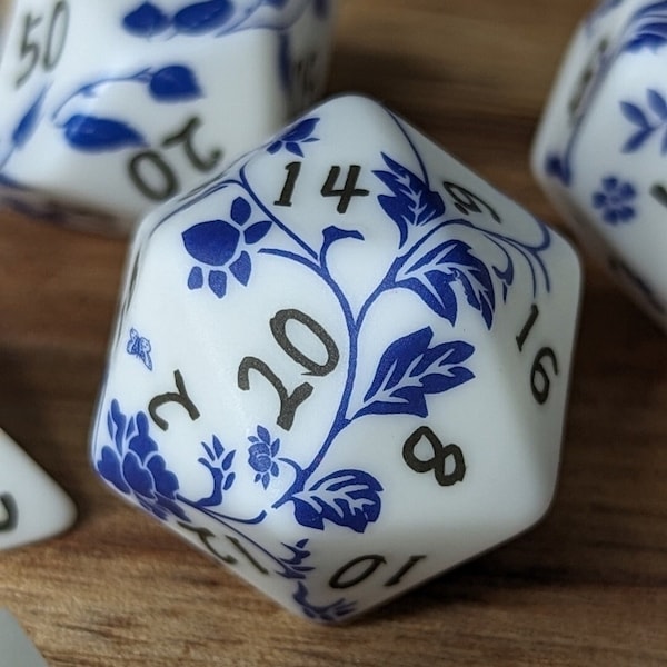 Delft Blue Flowers - Porcelain Series | polymer dice for Dungeons & Dragons