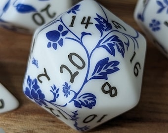 Delft Blue Flowers - Porcelain Series | polymer dice for Dungeons & Dragons