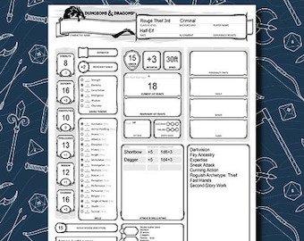 May include: A black and white character sheet for Dungeons & Dragons, with a title that reads "Rouge Thief 3rd" and "Half-Elf". The sheet includes sections for character name, alignment, experience points, strength, dexterity, constitution, intelligence, wisdom, charisma, proficiency bonus, saving throws, skills, armor, weapons, tools, languages, attacks and spellcasting, features and traits, and equipment.