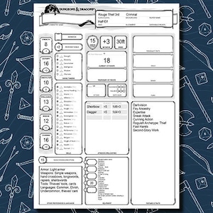 Puede incluir: Una hoja de personaje en blanco y negro para Dungeons & Dragons, con un título que dice "Rouge Thief 3rd" y "Half-Elf". La hoja incluye secciones para el nombre del personaje, la alineación, los puntos de experiencia, la fuerza, la destreza, la constitución, la inteligencia, la sabiduría, el carisma, el bono de competencia, las tiradas de salvación, las habilidades, la armadura, las armas, las herramientas, los idiomas, los ataques y los conjuros, las características y los rasgos, y el equipo.