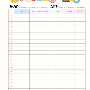 Puede incluir: Una hoja de registro de lectura imprimible con el texto colorido Reading Log en la parte superior, decorado con flores y corazones. El documento incluye campos para Nombre y Fecha, seguidos de una tabla con columnas para Fecha, Título del libro y Autor, Nivel, Páginas y Calificación, con veintitrés filas numeradas.