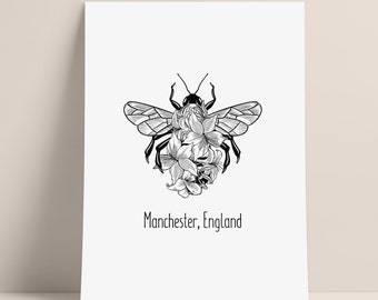 Manchester Bee Print, Manchester Print, Mancunian Wall Art, Manchester Bee Sketch Print