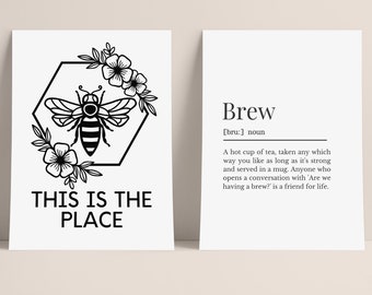 Manchester Bee This is The Place and Brew Definition Wall Print, Manchester Wall Print Set