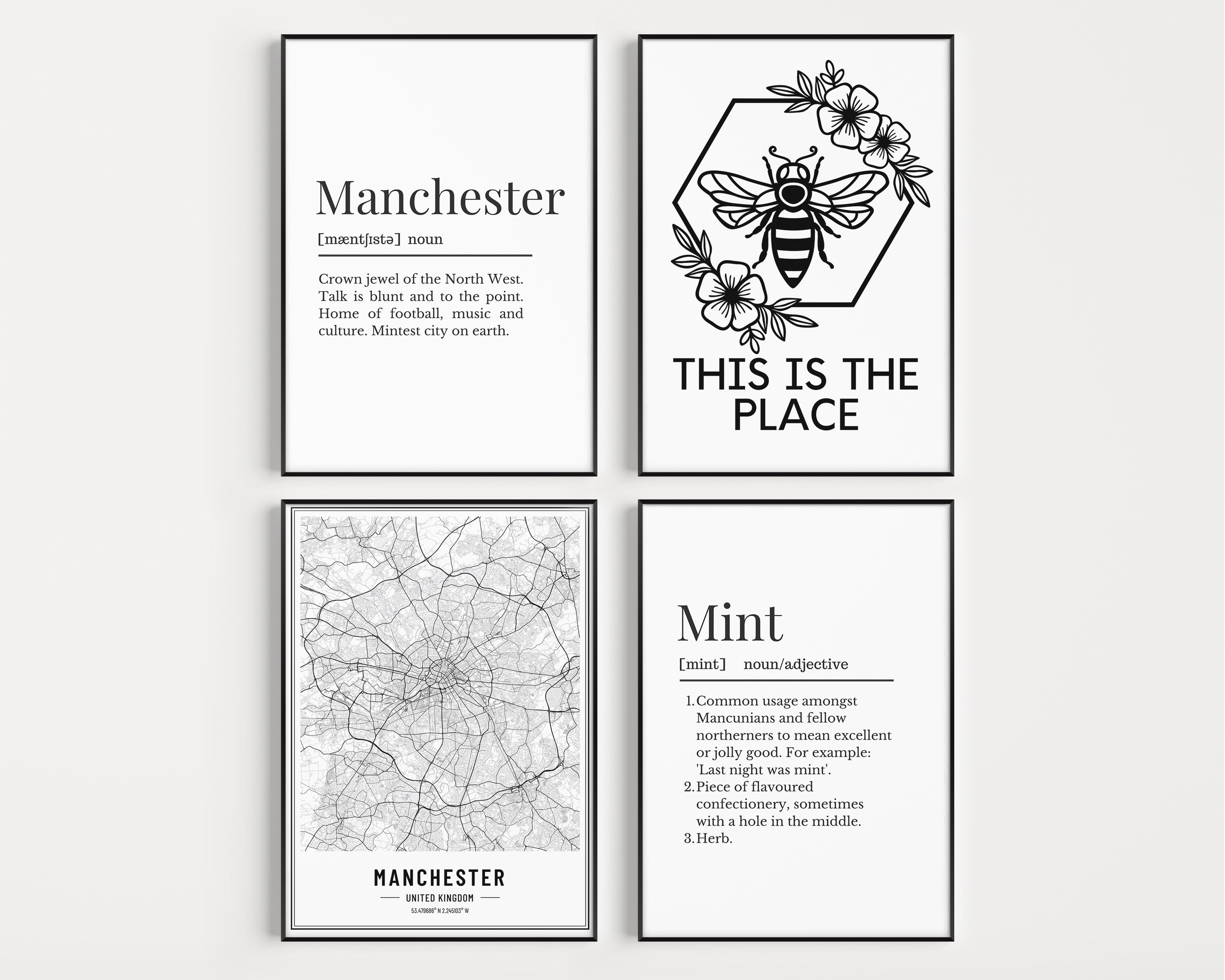 Manchester Definition Manchester Prints, Set of Four Manchester Wall Prints, Manc Gifts ...