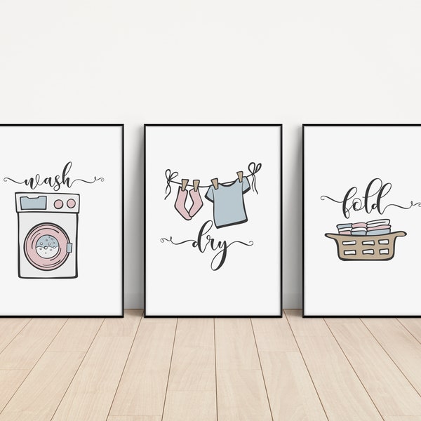 Set of Wash Dry and Fold Laundry Prints, Prints for the Utility Room, Laundry Prints