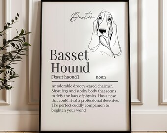 Basset Hound Line Art Definition Print, Personalisable Basset Hound Print