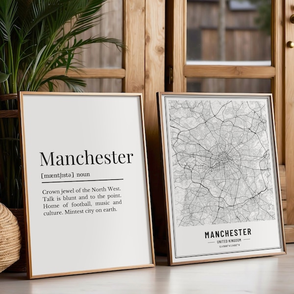 Ensemble d'imprimés muraux Manchester avec impression définition Manchester et impression carte Manchester, impressions Manchester