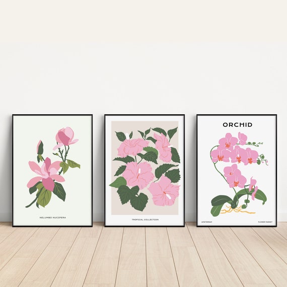 Pink Floral Prints, Pink Botanical Wall Prints, Pink Flower Prints, Flower Wall Prints, Botanical Wall Print Set, Gallery Wall Prints