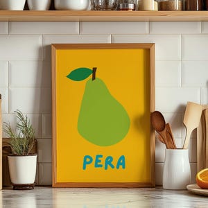May include: A yellow background with a green pear and the word "PERA" in blue text.