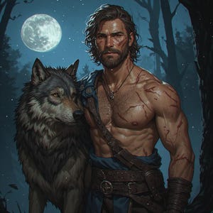 May include: A muscular person with a beard and shoulder-length hair stands beside a large grey wolf. The person wears a dark blue garment with a brown leather belt and strap, featuring visible red marks on the skin, set against a dark forest.