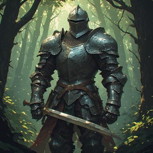 May include: A suit of polished steel plate armour featuring a full helmet with a visor, articulated shoulder and arm guards, and a chainmail gorget. The armour includes a brown leather belt and a long, straight metal sword held in the right hand.